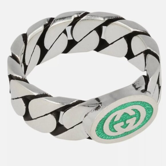 Gucci 701612 Unisex Sterling Silver Interlocking G Ring with Green plaque, SZ 19 - Picture 1 of 12